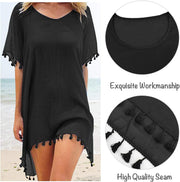 Womens Chiffon Beachwear Tassel Kaftan Beach Dress Loose Bikini Swim Bathing Suit Cover up Black