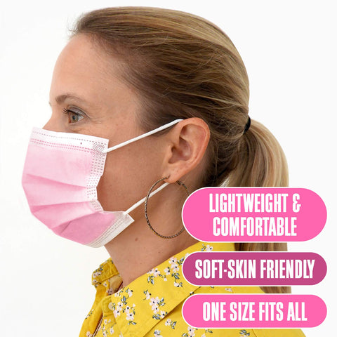 Harley Street Care Disposable Pink Face Masks Protective 3 Ply Breathable Triple Layer Mouth Cover with Elastic Earloops (Pack of 100)