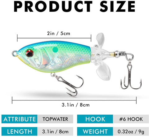 Topwater Fishing Lures with BKK Hooks, Plopper Floating Fishing Lures for Bass Catfish Pike Perch Swimbaits with Swivel Tail, Surface Bass Pike Pencil Fishing Lure for Freshwater or Saltwater