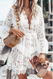 Women Lace Floral Bikini Cover Ups V Neck Hollow Out Swimwear Tunic Beach Dress Summer Beachwear