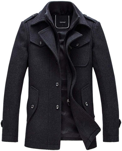 Mens Wool Coats Regular Fit Military Winter Trench Coat Hip-Length Thick Casual Peacoat