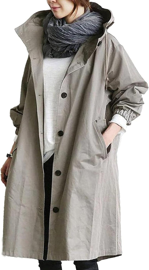 Jackets for Women UK Casual Long Trench Windproof Coat with Pocket plus Size Hooded Lapel Collar Windbreaker Jacket Casual Loose Fit Spring Autumn Coat Outwear