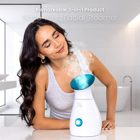 Nanosteamer Large 3-In-1 Nano Ionic Facial Steamer with Precise Temp Control - 30 Min Steam Time - Humidifier - Unclogs Pores - Blackheads - Spa Quality- Bonus 5 Piece Stainless Steel