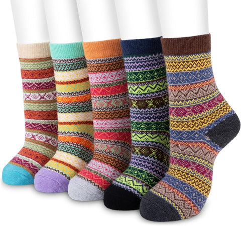 Women Winter Socks, 5 Pairs Thermal Wool Warm Knitting Ladies Socks Vintage Style Cotton Thick Bed Sock Multicoloured for Home Office School Hiking, Ideal Christmas Gifts 4/8 UK