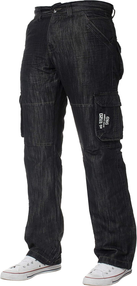 ENZO Mens Designer Cargo Combat Jeans Denim Pants All Waist Sizes