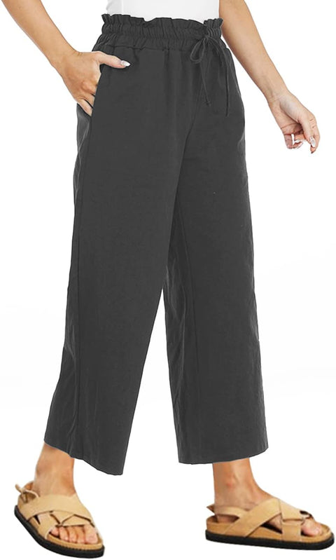 Women'S Summer Comfy Cotton Linen Cropped Trousers Wide Leg Lounge Pants with Pockets