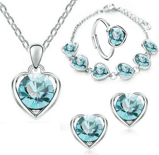 Love Heart Jewellery Set 4 PCS Fashion Heart Necklace Earrings Ring Bracelet Set Bridal Wedding Jewellery Set Rhinestone Set Sparkly Crystal Dangle Drop Set for Women and Girls