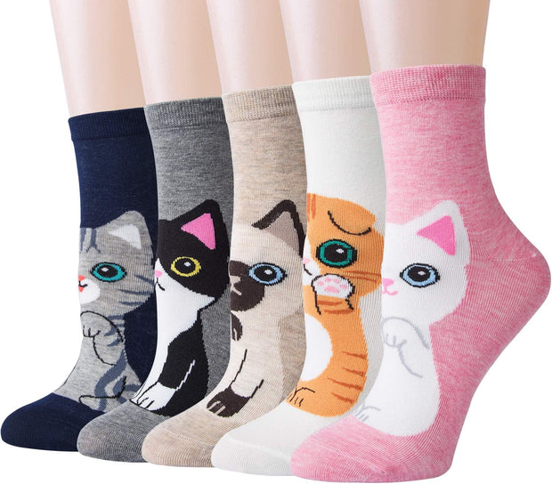 5 Pairs Women Socks Funny Cute Animal Ladies Socks Cat Dog Socks Gifts for Women, One Size