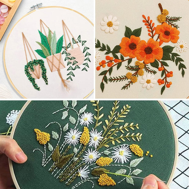 Embroidery Starter Kit, 3 Pack Cross Stitch Kit with Floral or Plant Pattern and Instructions, Full Range of Embroidery Kits, Embroidery Hoops, Color Threads and Tool