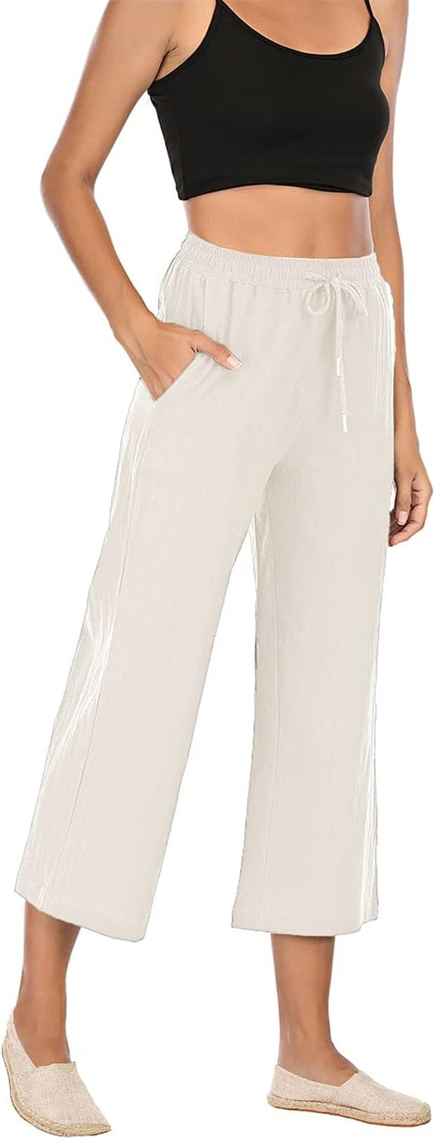 Women'S Summer Comfy Cotton Linen Cropped Trousers Wide Leg Lounge Pants with Pockets