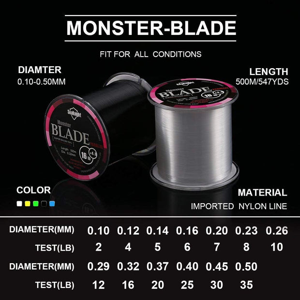 BLADE Nylon Fishing Line 500M/1000M Japanese Material Monofilament Carp Fishing Line Saltwater Sea Fishing 6 Colors 2-35LB