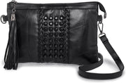 Soft Leather Small Cross Body Bag Shoulder Bag for Women Tassel Rivets Ladies Handbags with Shoulder & Wrist Strap Wristlet Bag Clutch Travel Evening Party Wedding (Black)