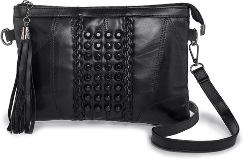 Soft Leather Small Cross Body Bag Shoulder Bag for Women Tassel Rivets Ladies Handbags with Shoulder & Wrist Strap Wristlet Bag Clutch Travel Evening Party Wedding (Black)