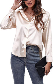 Women'S Satin Shirt Blouse Long Sleeve Botton down Elegant Blouse V Neck Silk Shirt Casual Ladies Office Work Tops