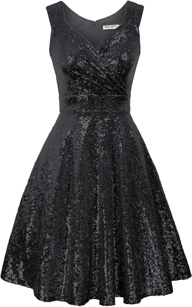 Women Sequins Velvet Banquet Dinner Dress 50S Autumn Winter V-Neck A-Line Dress