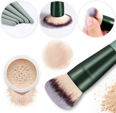 Makeup Brushes  15Pcs Premium Synthetic Bristles Green Conical Handle Kabuki Foundation Brush Makeup Sets Professional Portable Flannel Bag