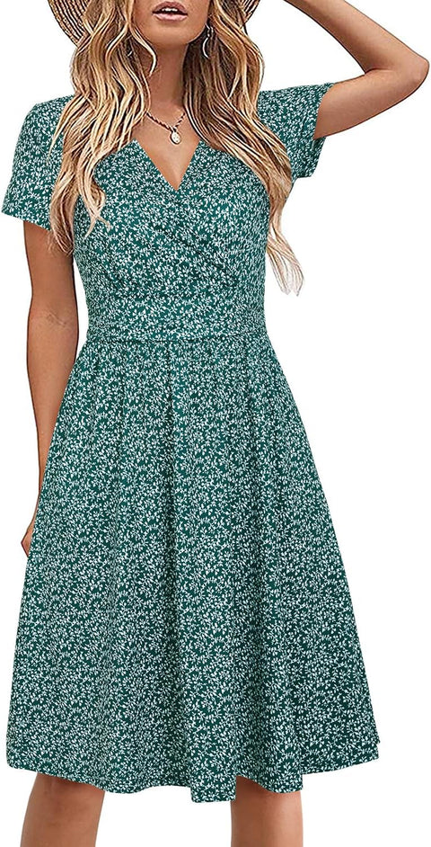 Women'S Summer Dress Short Sleeve V-Neck Sundress Floral Wrap Waist Casual Dress with Pockets