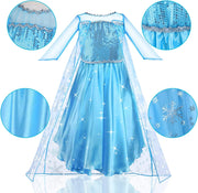 URAQT Elsa Dress, Elsa Princess Costume with Fairy Wand and Crown Tiara, Elsa Anna Dress up for Girls, Deluxe Girls Fancy Dress for Party Cosplay Bridesmaid Pageant