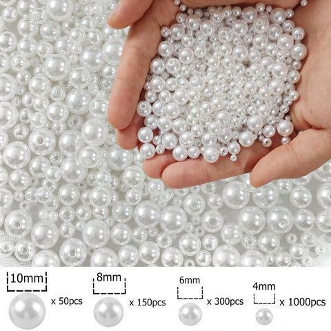 1500Pcs Pearl Beads for Jewelry Making, 4Mm 6Mm 8Mm 10Mm round Loose Pearls Beads with Hole, Bracelet Pearls for Crafts, White Pearls for Jewelry Making