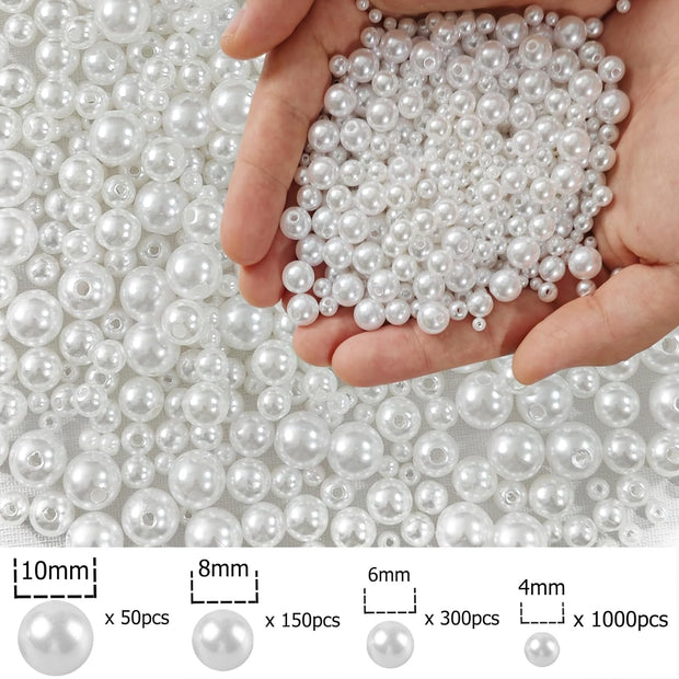 1500Pcs Pearl Beads for Jewelry Making, 4Mm 6Mm 8Mm 10Mm round Loose Pearls Beads with Hole, Bracelet Pearls for Crafts, White Pearls for Jewelry Making