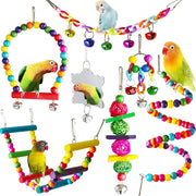 7 Pcs Bird Budgie Toys,  Hanging Bell Pet Bird Cage Hammock Swing Climbing Ladders Toy Wooden Perch Mirror Chewing Toy for Conures, Love Birds, Small Parakeets, Cockatiels, Parrot (Muliti-B)