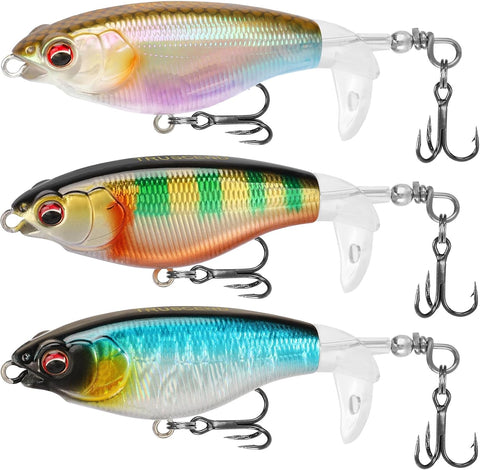 Topwater Fishing Lures with BKK Hooks, Plopper Floating Fishing Lures for Bass Catfish Pike Perch Swimbaits with Swivel Tail, Surface Bass Pike Pencil Fishing Lure for Freshwater or Saltwater