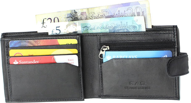 RAS Mens RFID Blocking Soft Smooth Genuine Leather Wallet with a Zipped Coin Pocket and Id Card Window 94 (Black)