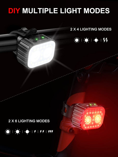 Bike Lights Front and Back, Super Bright Bicycle Lights USB Rechargeable, IPX6 Waterproof Bike Light Set for Night Riding/Camping/Backpack, 8+12 Lighting Modes, Longer Battery Life