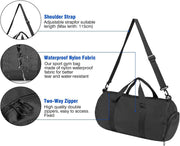 Gym Duffle Bag with Shoe Compartment Foldable Men Women Travel Fitness Holdall Barrel Sports Bags - Shoulder Strap Swimming Football Basketball Tennis Luggage Weekender Light Weight Dry Bags (Black)