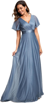 Women'S Sparkling Ruffles Sleeve Deep V-Neck Empire Waist A-Line Bridesmaid Dress EE50159