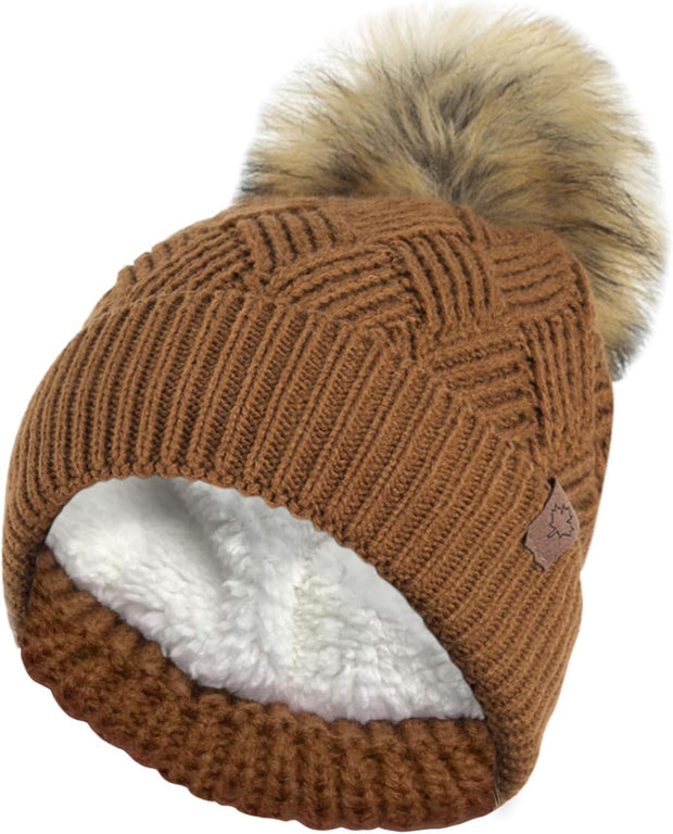 Ladies Warm Chunky Diamond Cable Knit Hat with Thermal Teddy Fleece Lining and Detachable Faux Fur Pompom