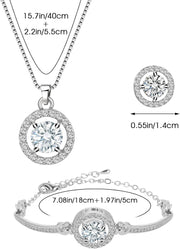 Crystal Jewelry Set for Women Silver Cubic Zirconia CZ Bridal Pendant Necklace Bracelet Earrings Set for Wedding Bride Bridesmaids Jewelry Set