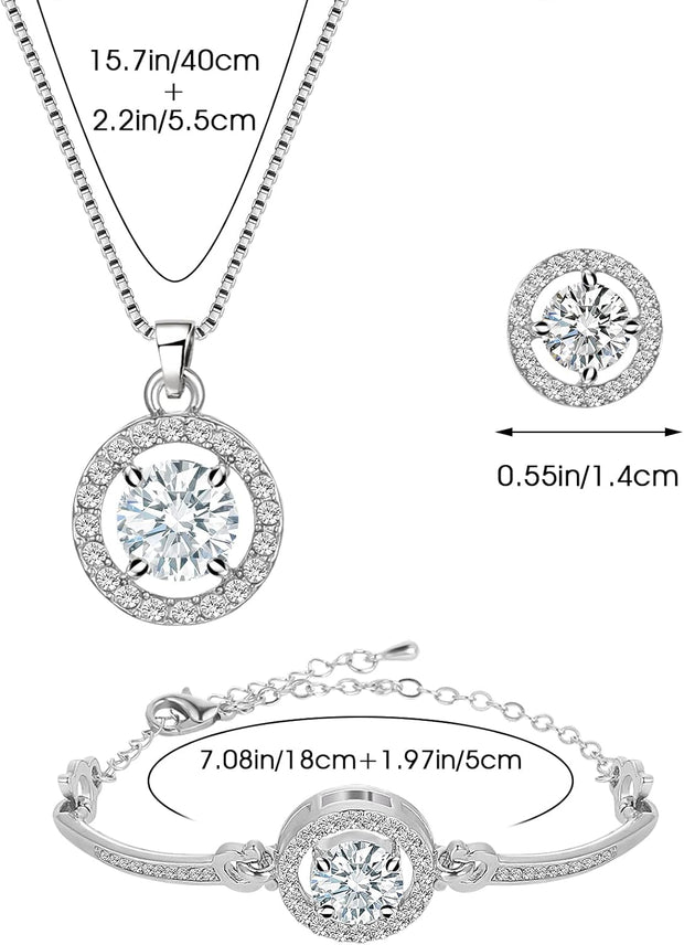 Crystal Jewelry Set for Women Silver Cubic Zirconia CZ Bridal Pendant Necklace Bracelet Earrings Set for Wedding Bride Bridesmaids Jewelry Set