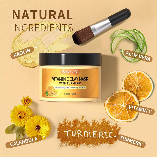 Vitamin C Clay Facial Mask with Kaolin Clay and Turmeric for Dark Spots, Turmeric Skin Care Mask for Controlling Acne, Oil and Refining Pores