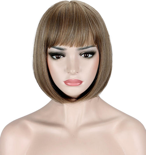 Brown Blonde Mixed Highlights Color Short Bob Wig for Women Yaki Straight Synthetic Full Hair Wig with Bangs(Brown Blonde)