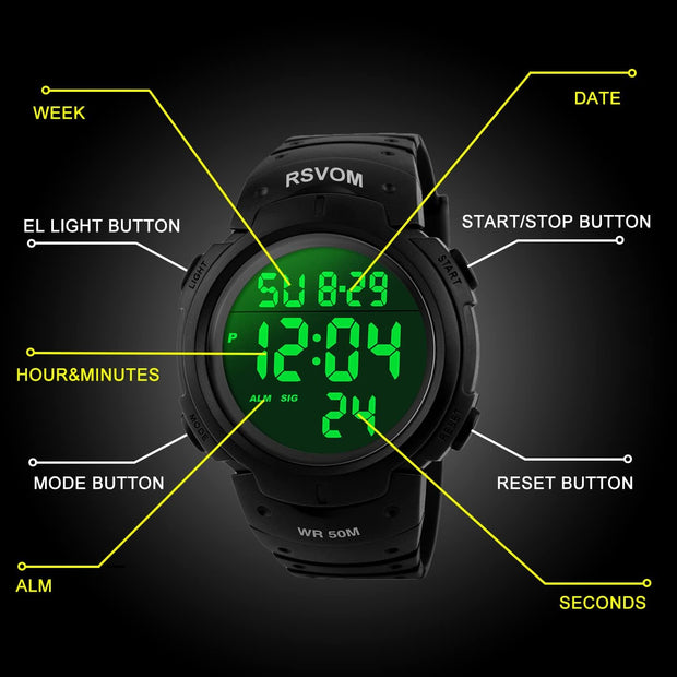 Mens Digital Watches, 5 ATM Waterproof Sport Watch with Alarm/Stopwatch Black Big Face Running Military Wrist Watch with LED Backlight for Men by