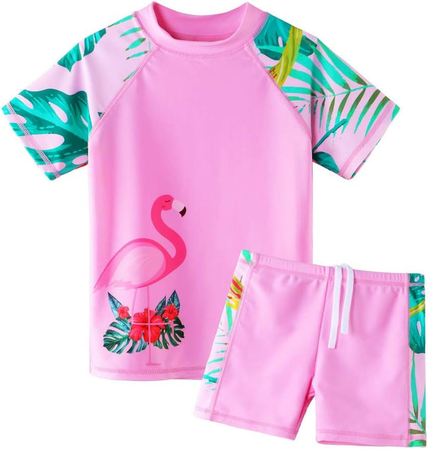 Girls 2PCS Swimsuit Short Sleeve Kids Beachswimming Set Costume for 3-12Years