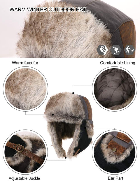 Winter Faux Fur Trapper Hat Men Women Warm Thermal Lined Outdoor Ski Snow Earflap Hunter Hats for Walking Skiing