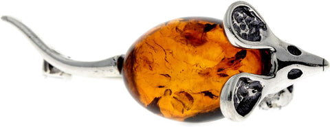 925 Sterling Silver & Genuine Baltic Amber Jewellery - Mouse Brooch 4107