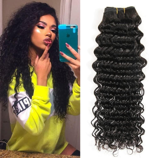 Deep Wave Human Hair Bundles Brazilian Virgin Hair Deep Curly Bundles Single Weave Bundles Human Hair Natural Black Color Can Be Dyed 1 Bundle 100G 16 Inch