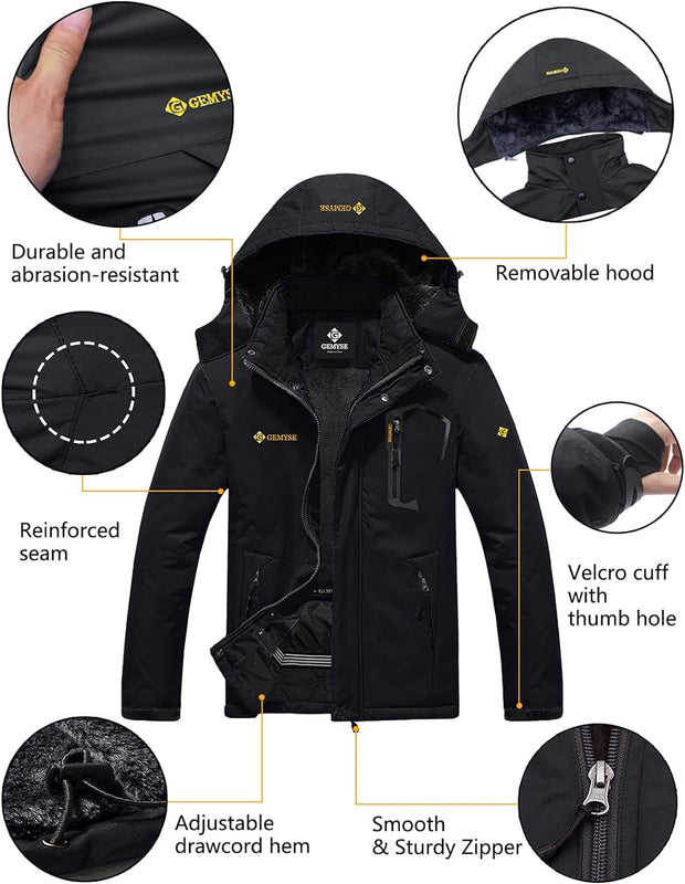 Men'S Mountain Waterproof Ski Jacket Windproof Fleece Outdoor Winter Coat with Hood