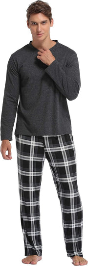 Men'S Pyjama Sets Long-Sleeve Pj'S Set Soft Loungwear Solid Top and Check Pant with Pockets S-XXL