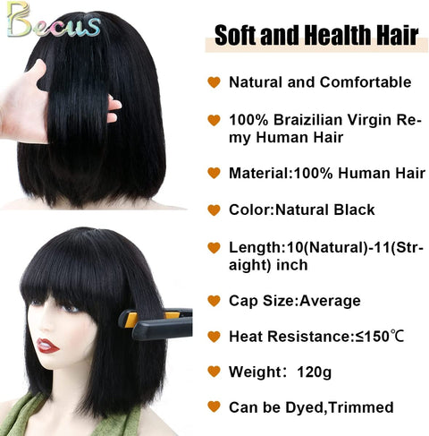 Black Bob Wigs for Women Ladies Wigs Brazilian Human Hair with Fringe Bangs Short Bob Wigs Human Hair Daily Use Cosplay Costume (Natural Black 10 Inch 150% Density)