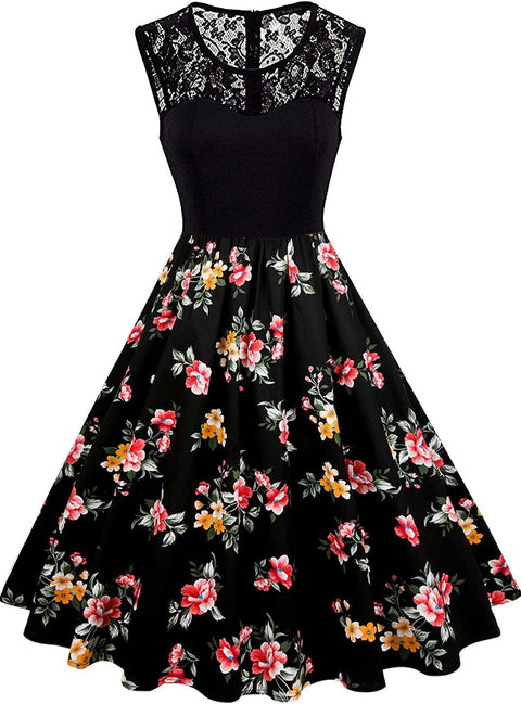 Women Fit & Flare Vintage Dresses 1950S Style Floral Print Sleeveless