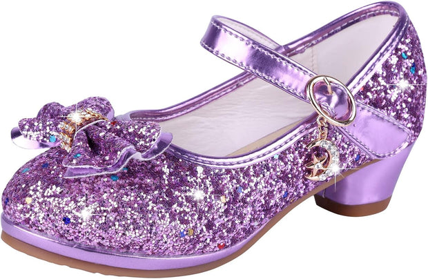 Girl Sandals Glitter Princess Shoes Sequin Party Shoes Bling Bowknot High Heels Wedding Birthday Dress Shoes Comfort Bright Diamond Cosplay Dance Shoes for Little Girls Pink Silver Blue Purple White