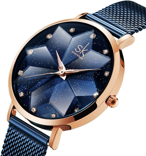 Creative Starry Sky Women Watch with Stainless Steel Mesh Band Genuine Leather Elegant Floral Women Watches