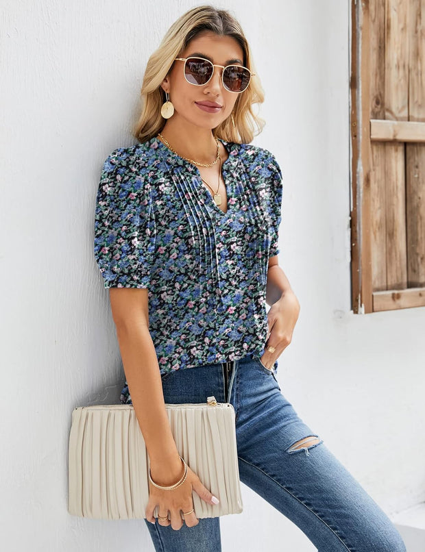 Womens V Neck Tops Puff Short Sleeve T-Shirt Pleated Floral Printed Tunic Blouse Shirts