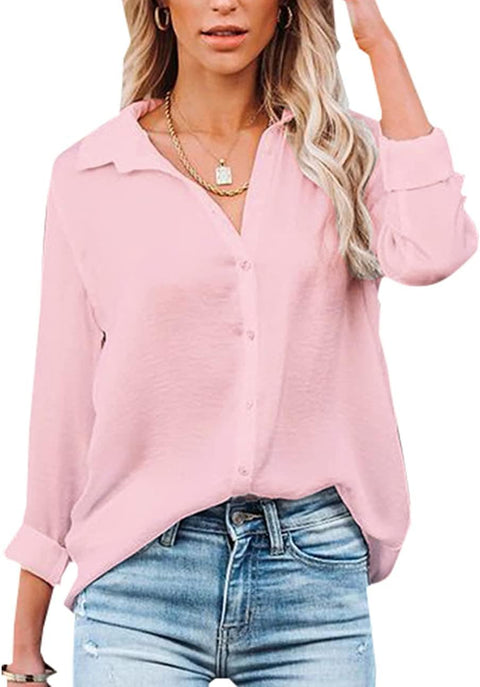 Womens Blouse Casual Long Sleeve Shirt Tops V Neck Button down Shirts Basic Loose Tunic T Shirts