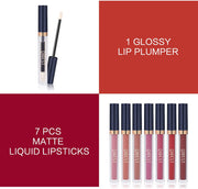 7Pcs Matte Liquid Lipstick + 1Pcs Lip Plumper Set Kit, Long Lasting Waterproof Velvet Lip Gloss Set, Pigmented Lip Makeup Gift Sets for Girls and Women