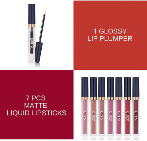 7Pcs Matte Liquid Lipstick + 1Pcs Lip Plumper Set Kit, Long Lasting Waterproof Velvet Lip Gloss Set, Pigmented Lip Makeup Gift Sets for Girls and Women